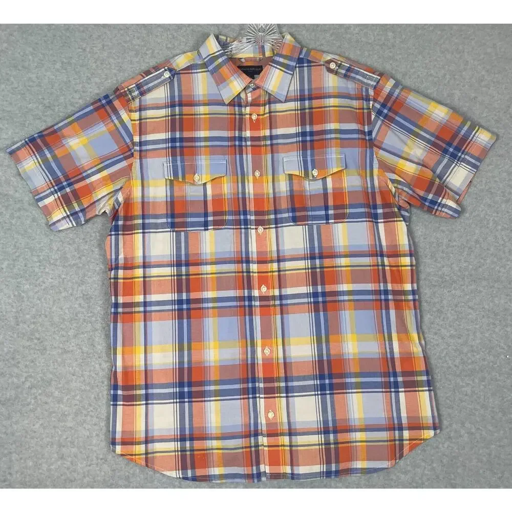 Banana Republic‎ Button Up Shirt Men's Size XL Short Sleeve Plaid Epaulettes